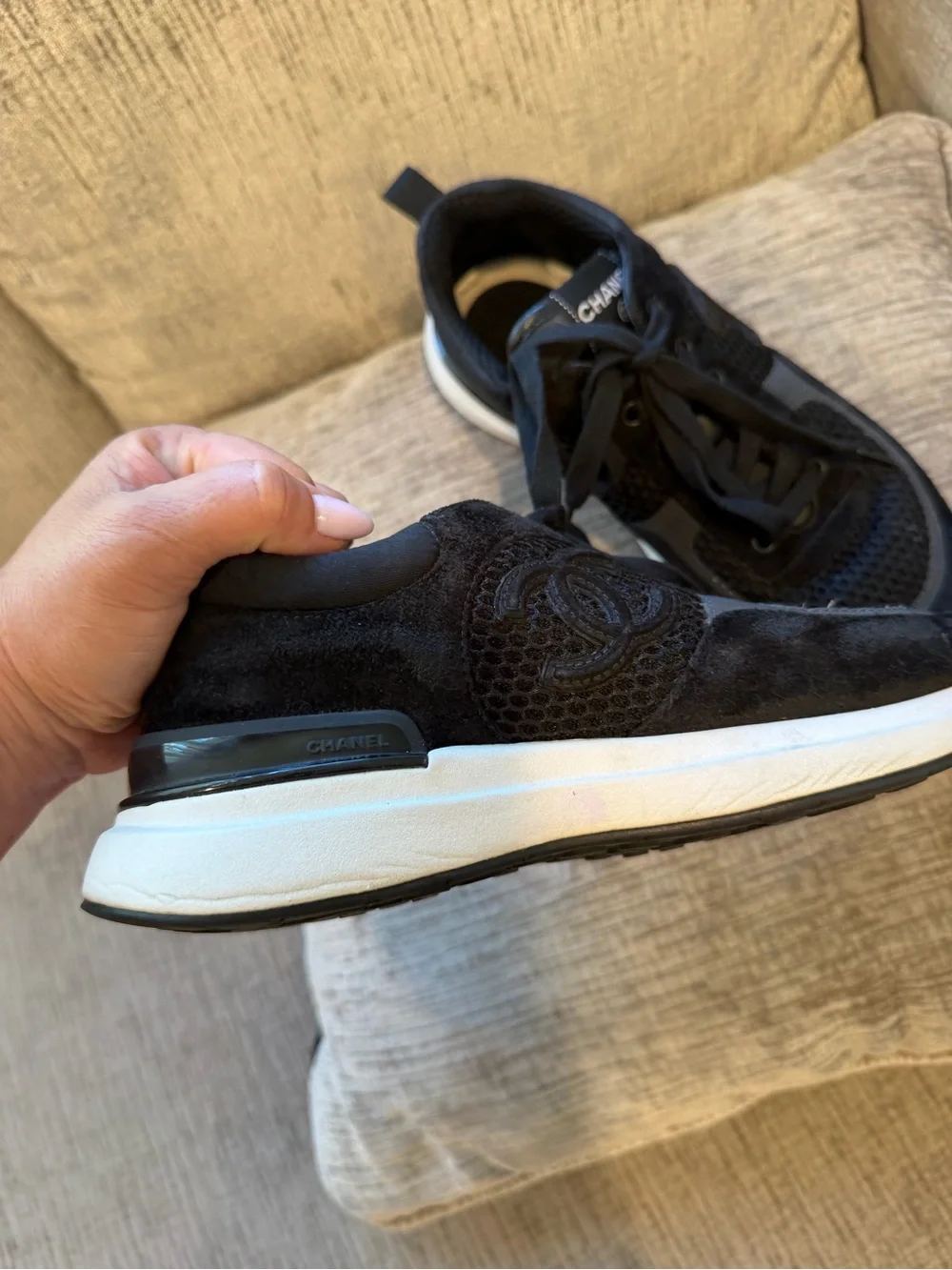CHANEL Calfskin Mesh Lycra Suede Womens Logo Sneakers ⭐️size 38 AUTHENTIC
